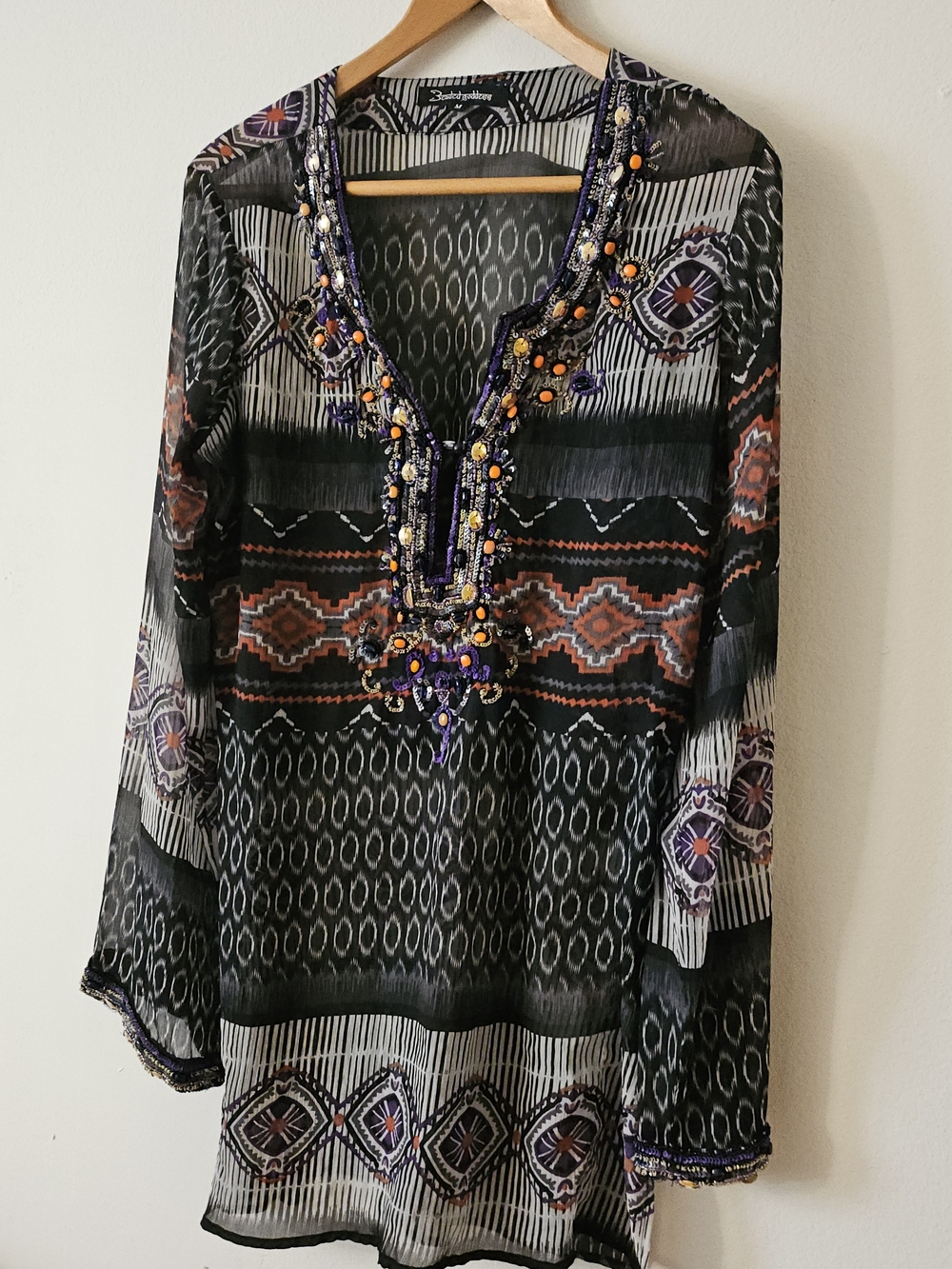 Beaded Black Sheer Patterned Tunic Top